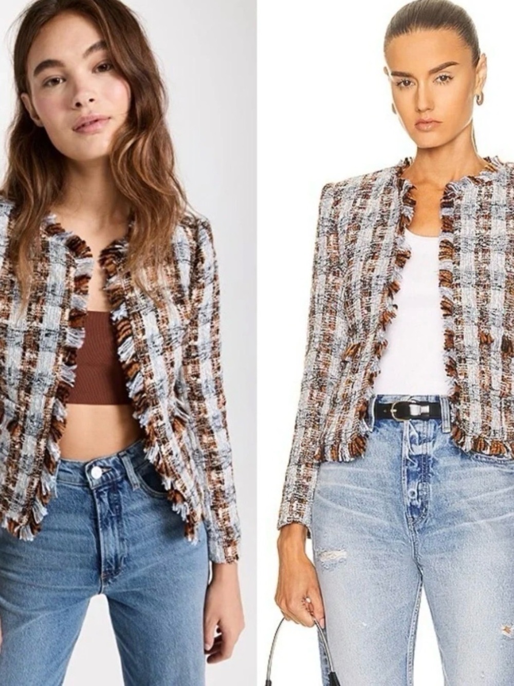 L'AGENCE Brown & White Fringed Tweed Open-Front Jacket